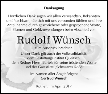 Traueranzeige von Rudolf Wünsch von Mitteldeutsche Zeitung Köthen