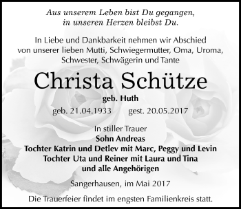 Traueranzeige von Christa Schütze von Mitteldeutsche Zeitung Sangerhausen