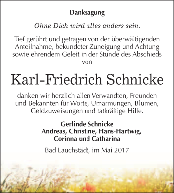 Traueranzeige von Karl-Friedrich Schnicke von WVG - Wochenspiegel Merseburg