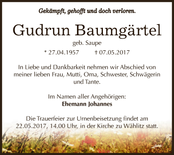 Traueranzeige von Gudrun Baumgärtel von WVG - Wochenspiegel NMB / WSF / ZTZ