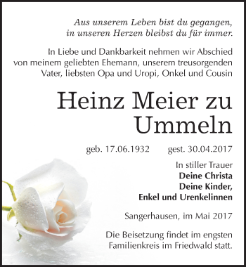 Traueranzeige von Heinz  Meier zu Ummeln von Mitteldeutsche Zeitung Sangerhausen