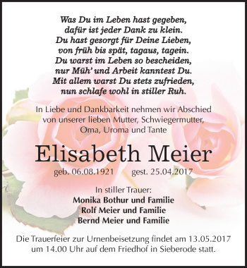 Traueranzeige von Elisabeth Meier von Mitteldeutsche Zeitung Mansfelder Land