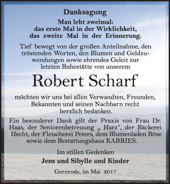 Traueranzeige von Robert Scharf von Mitteldeutsche Zeitung Quedlinburg