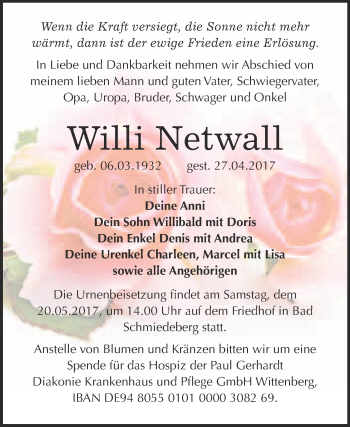 Traueranzeige von Willi Netwall von WVG - Wochenspiegel Wittenberg