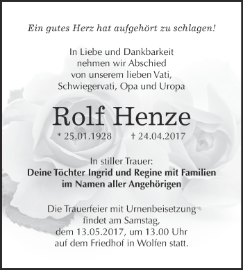 Traueranzeige von Rolf Henze von WVG - Wochenspiegel Bitterfeld