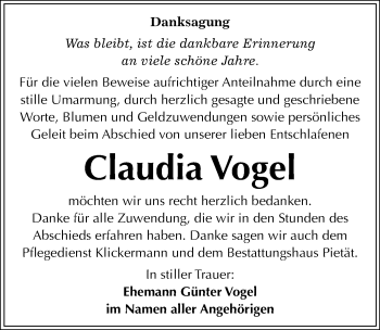 Traueranzeige von Claudia Vogel von Mitteldeutsche Zeitung Bitterfeld