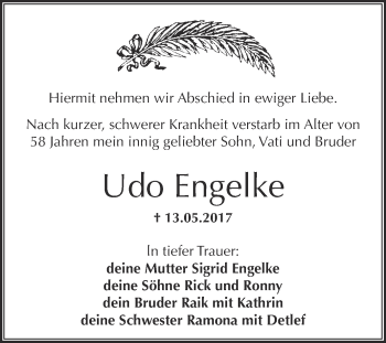Traueranzeige von Udo Engelke von Wochenspiegel Mansfelder Land