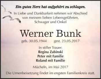 Traueranzeige von Werner Bunk von WVG - Wochenspiegel Merseburg