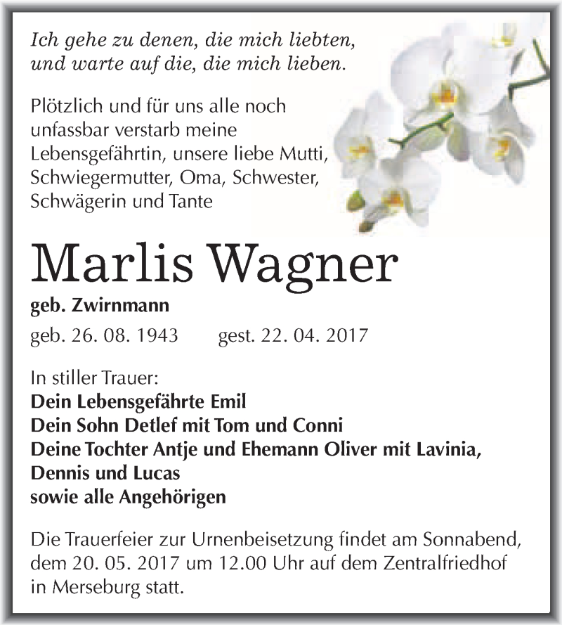  Traueranzeige für Marlis Wagner vom 13.05.2017 aus WVG - Wochenspiegel Merseburg