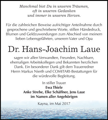 Traueranzeige von Hans-Joachim Laue von Super Sonntag Zeitz