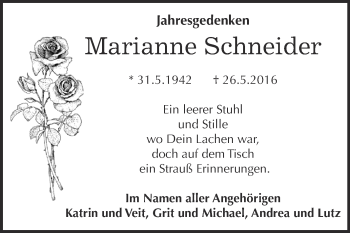 Traueranzeige von Marianne Schneider von WVG - Wochenspiegel Dessau / Köthen