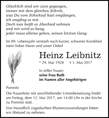 Traueranzeige von Heinz Leibnitz von Mitteldeutsche Zeitung Naumburg/Nebra