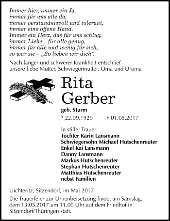 Traueranzeige von Rita Gerber von Mitteldeutsche Zeitung Weißenfels