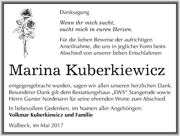 Traueranzeige von Marina Kuberkiewicz von Mitteldeutsche Zeitung Mansfelder Land