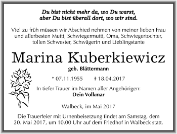 Traueranzeige von Marina Kuberkiewicz von Mitteldeutsche Zeitung Mansfelder Land