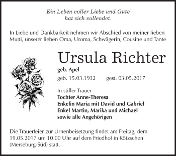 Traueranzeige von Ursula Richter von WVG - Wochenspiegel Merseburg