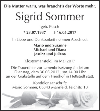Traueranzeige von Sigrid Sommer von Wochenspiegel Mansfelder Land