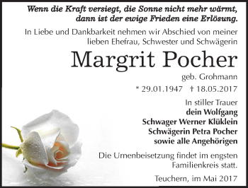 Traueranzeige von Margrit Pocher von Mitteldeutsche Zeitung Weißenfels