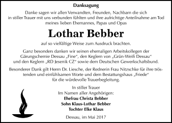Traueranzeige von Lothar Bebber von Mitteldeutsche Zeitung Dessau-Roßlau