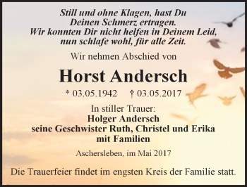 Traueranzeige von Horst Andersch von Mitteldeutsche Zeitung Aschersleben