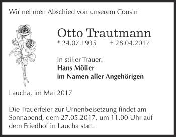 Traueranzeige von Otto Trautmann von WVG - Wochenspiegel NMB / WSF / ZTZ