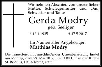 Traueranzeige von Gerda Modry von Mitteldeutsche Zeitung Halle/Saalkreis