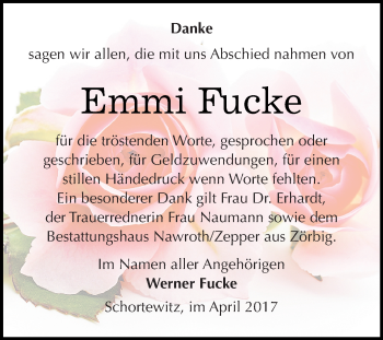 Traueranzeige von Emmi Fucke von WVG - Wochenspiegel Bitterfeld