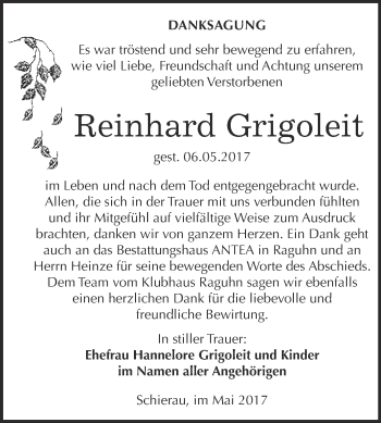 Traueranzeige von Reinhard Grigoleit von WVG - Wochenspiegel Bitterfeld