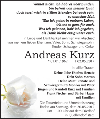 Traueranzeige von Andreas Kurz von Mitteldeutsche Zeitung Köthen