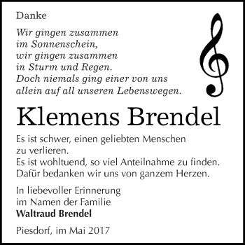 Traueranzeige von Klemens Brendel von Super Sonntag Bernburg