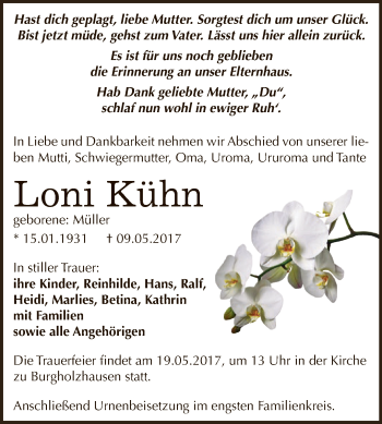 Traueranzeige von Loni Kühn von WVG - Wochenspiegel NMB / WSF / ZTZ