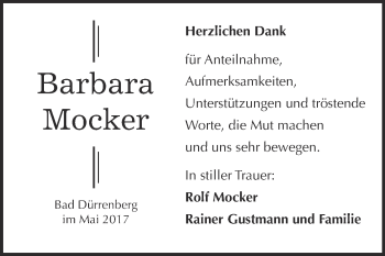 Traueranzeige von Barbara Mocker von Super Sonntag Merseburg