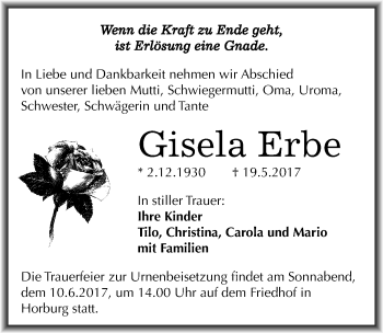 Traueranzeige von Gisela Erbe von Mitteldeutsche Zeitung Merseburg/Querfurt
