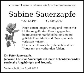 Traueranzeige von Sabine Sauerzapfe von Mitteldeutsche Zeitung Mansfelder Land