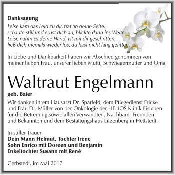 Traueranzeige von Waltraut Engelmann von Wochenspiegel Mansfelder Land