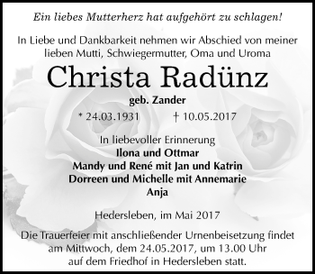 Traueranzeige von Christa Radünz von Mitteldeutsche Zeitung Quedlinburg