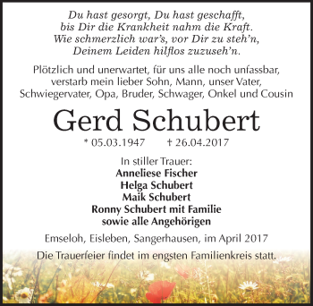 Traueranzeige von Gerd Schubert von Mitteldeutsche Zeitung Sangerhausen