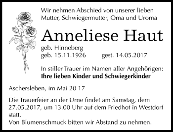 Traueranzeige von Anneliese Haut von Mitteldeutsche Zeitung Aschersleben