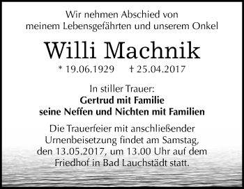 Traueranzeige von Willi Machnik von WVG - Wochenspiegel Merseburg