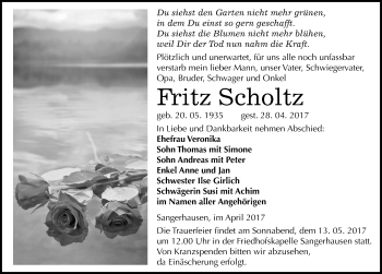 Traueranzeige von Fritz Scholtz von Mitteldeutsche Zeitung Sangerhausen