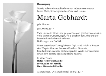 Traueranzeige von Marta Gebhardt von Mitteldeutsche Zeitung Aschersleben