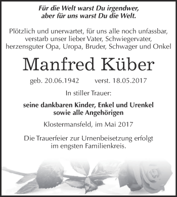 Traueranzeige von Manfred Küber von Super Sonntag SGH Mansf. Land