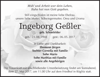Traueranzeige von Ingeborg Geßler von WVG - Wochenspiegel Merseburg