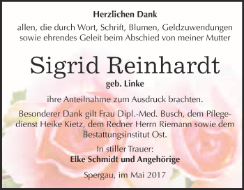 Traueranzeige von Sigrid Reinhardt von Super Sonntag Merseburg