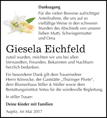 Traueranzeige von Giesela Eichfeld von WVG - Wochenspiegel NMB / WSF / ZTZ