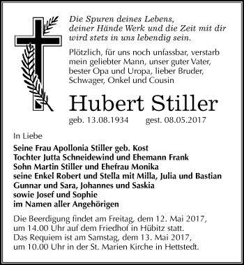 Traueranzeige von Hubert Stiller von Mitteldeutsche Zeitung Mansfelder Land