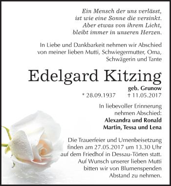 Traueranzeige von Edelgard Kitzing von Mitteldeutsche Zeitung Dessau-Roßlau