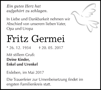 Traueranzeige von Fritz Germei von Wochenspiegel Mansfelder Land