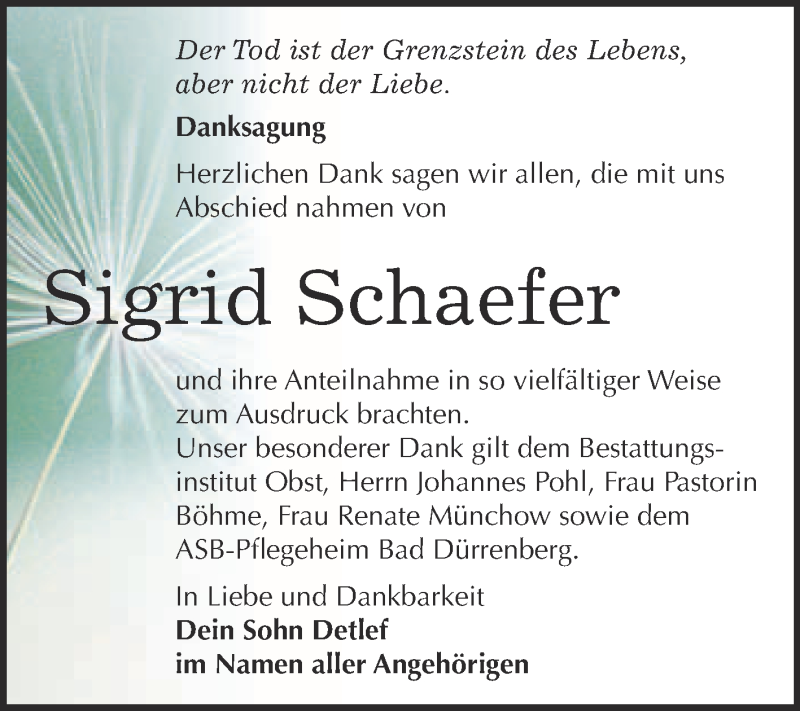  Traueranzeige für Sigrid Schaefer vom 20.05.2017 aus Super Sonntag Merseburg