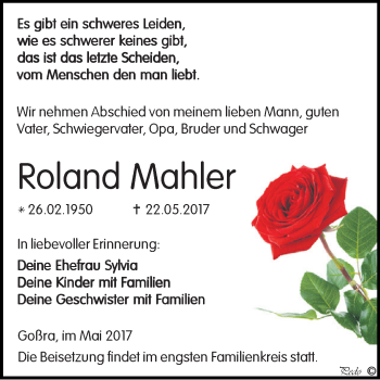 Traueranzeige von Roland Mahler von Super Sonntag Zeitz